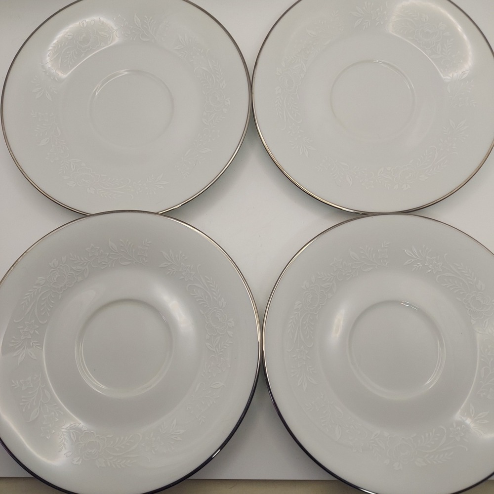 Noritake Reina 6450 Saucers Set of 4 Floral Embossed Platinum‎ Trim